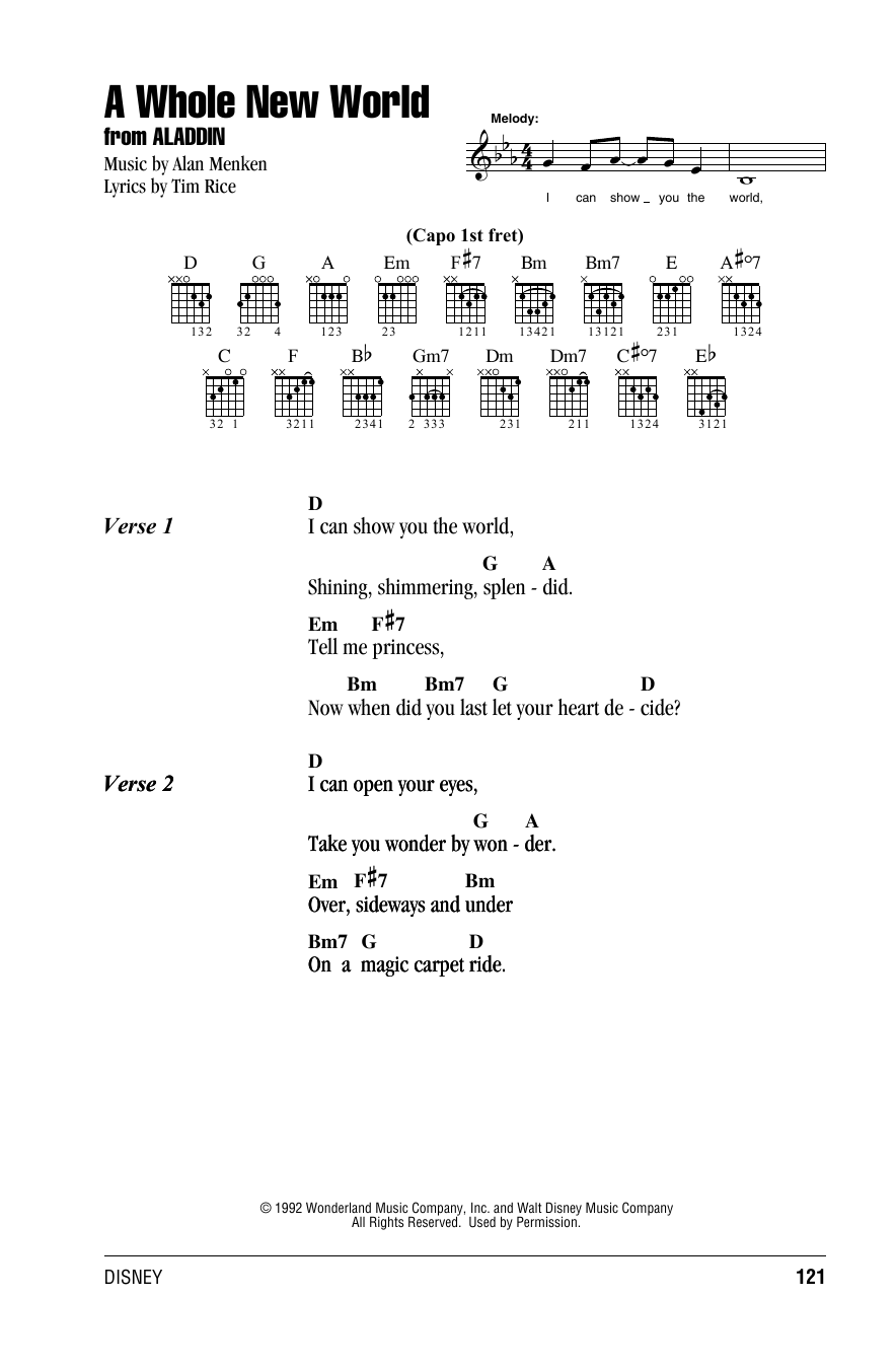 A Whole New World From Aladdin Sheet Music Alan Menken Guitar Chords Lyrics