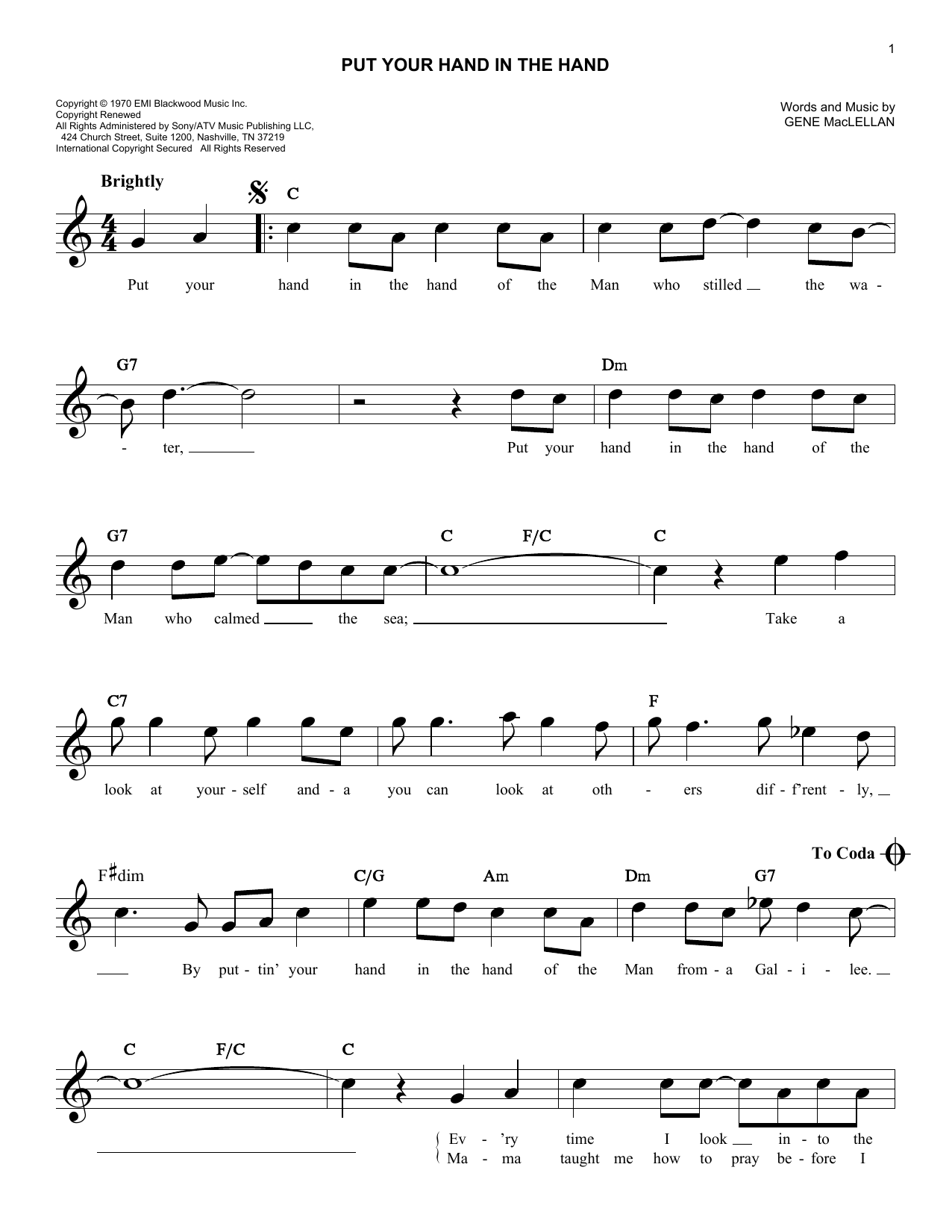 Put Your Hand In The Hand Digital Sheet Music