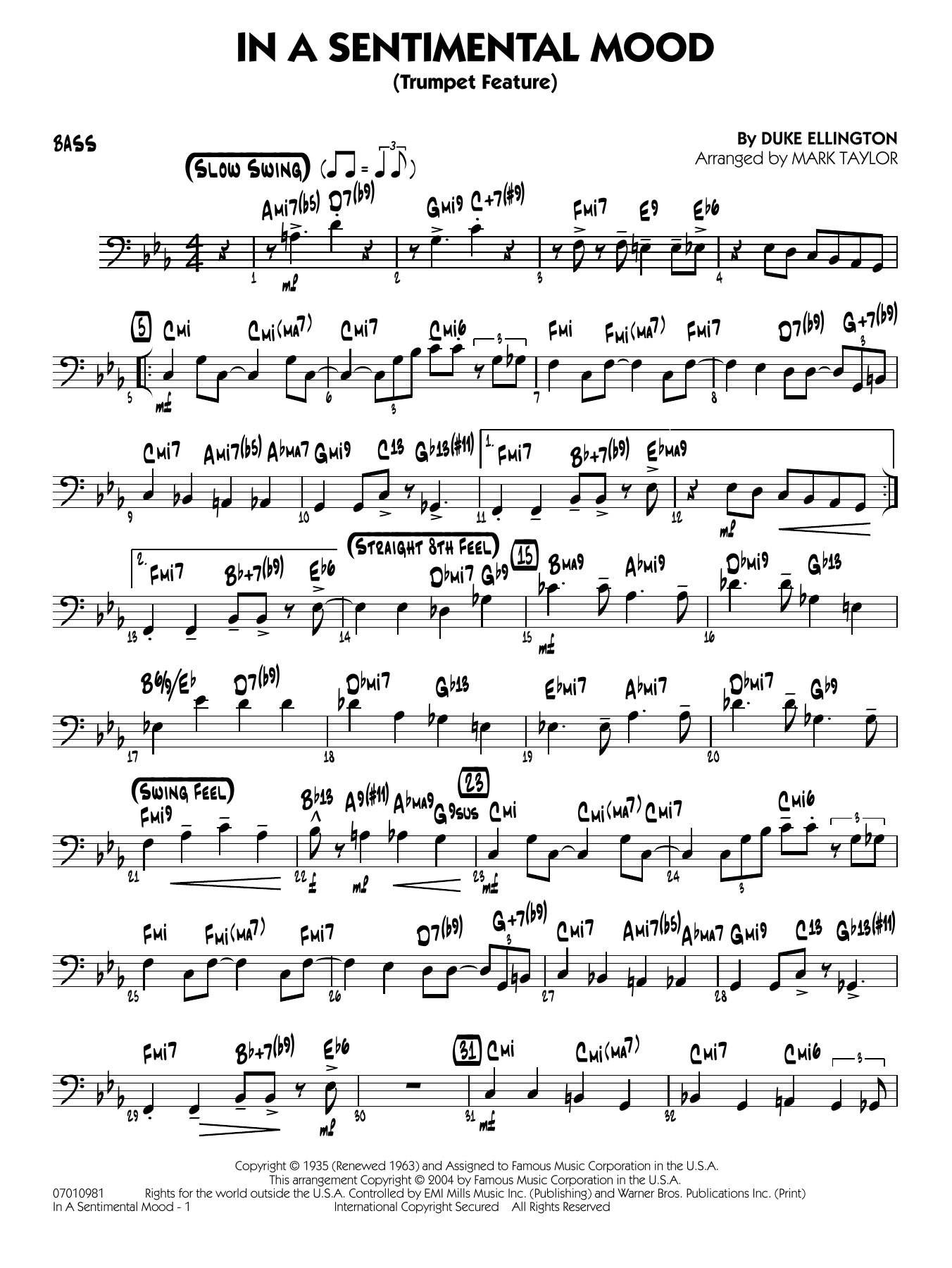 In a Sentimental Mood (arr. Mark Taylor) - Bass Digital Sheet Music