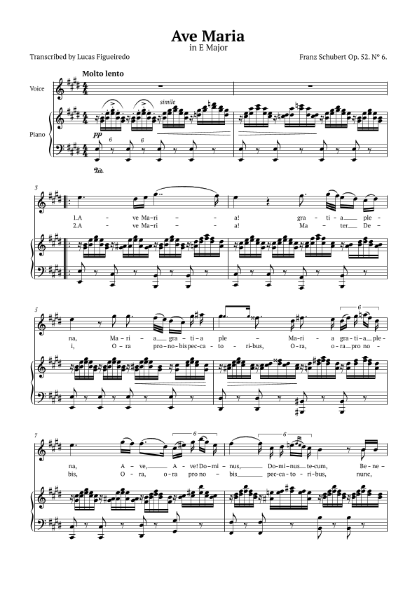 Ave Maria (Schubert) in E Major for Piano and Voice (Lyrics in Latin) (arr. Lucas Figueiredo) Digital Sheet Music