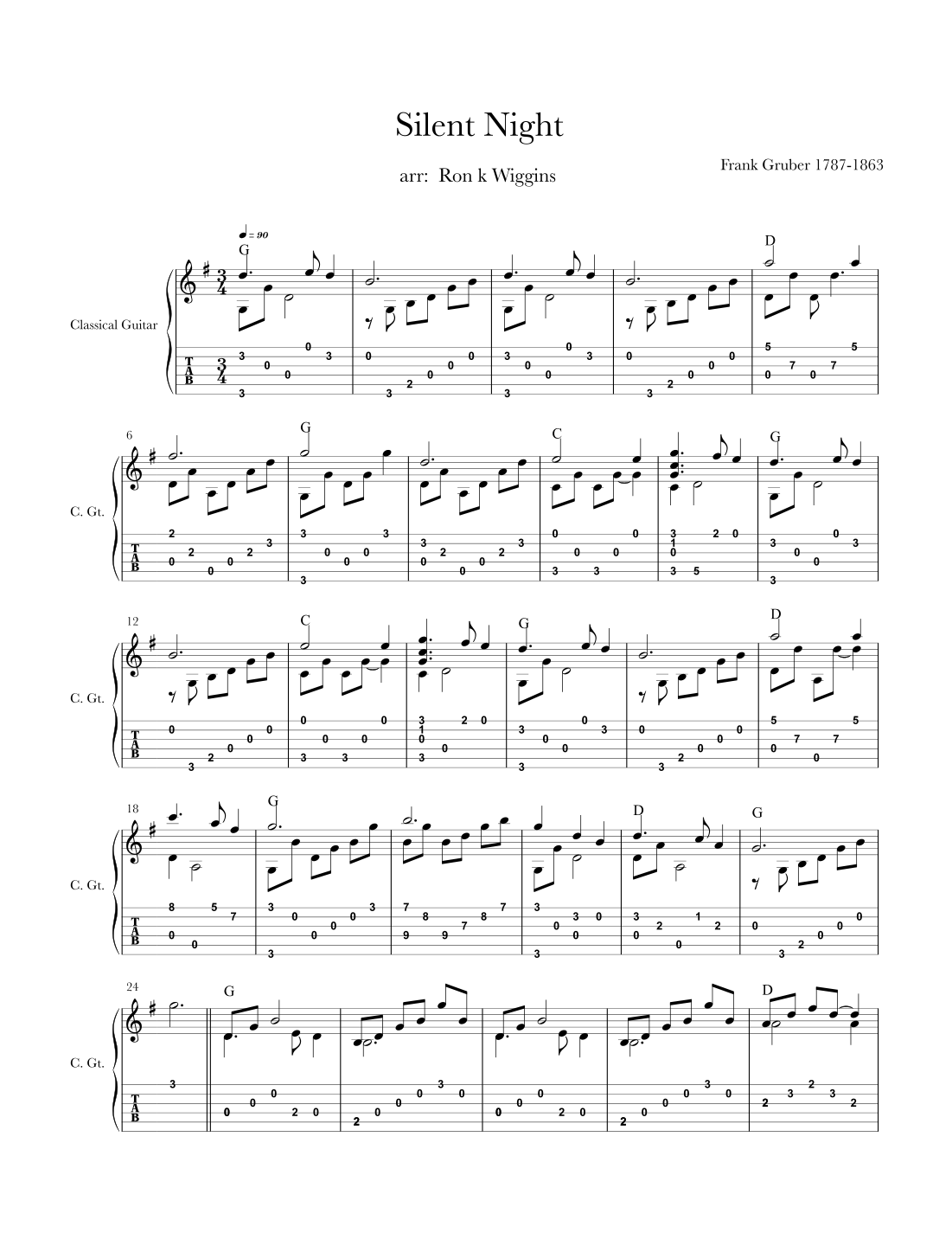 Silent Night Classical Guitar (arr. Ron k Wiggins) Digital Sheet Music