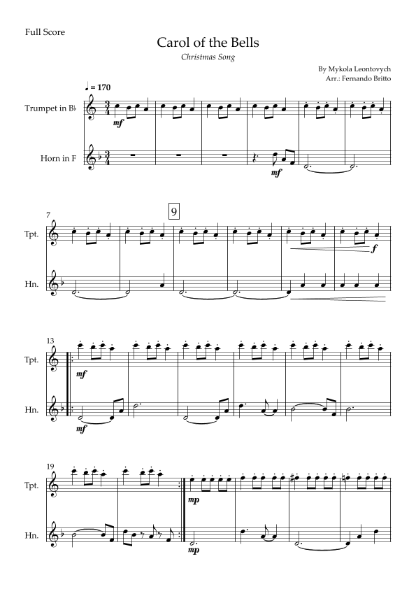 Carol of the Bells in Jazz Version (Christmas Song) for Trumpet in Bb & Horn in F Duo (arr. Fabio Britto) Digital Sheet Music