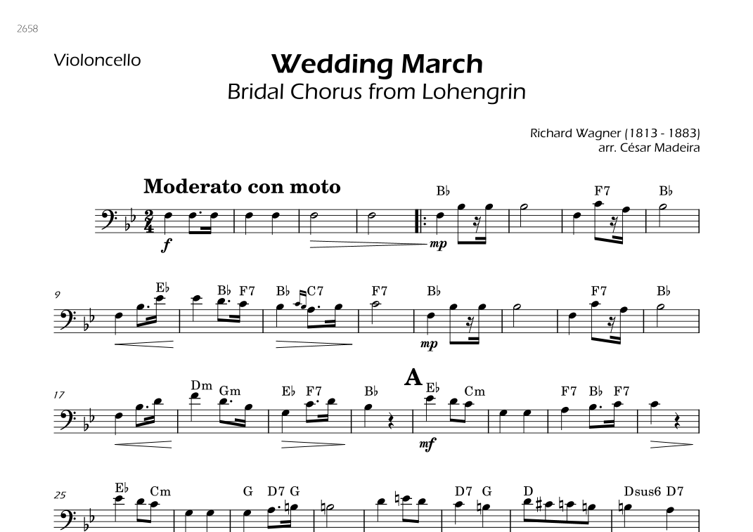 Wedding March (Bridal Chorus) - Cello Solo - W/Chords (arr. César Madeira) Digital Sheet Music