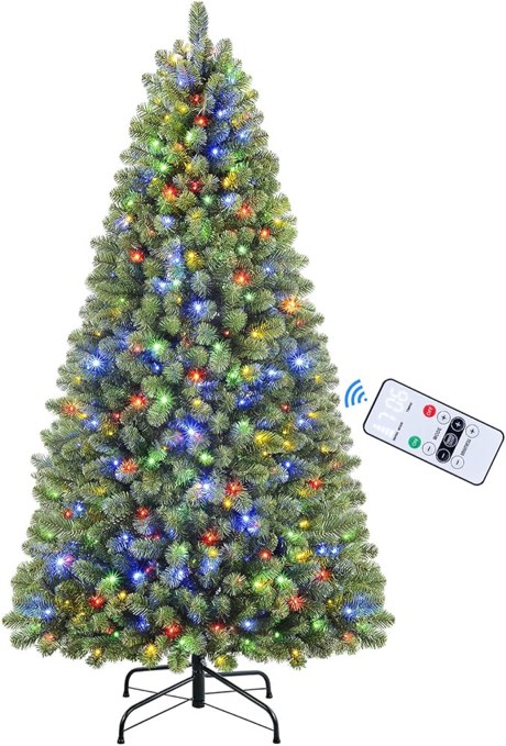 SHareconn 4ft Prelit Premium Artificial Hinged Christmas Tree with 170 Warm White & Multi-Color Lights, 414 Branch Tips and Foldable Metal Stand, Perfect Choice for Xmas Decoration, 4 FT, Green