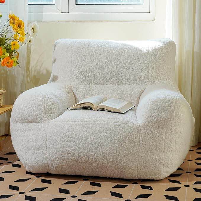  Bean Bag Chair, Lambswool Bean Bag Chair for Adults, Eco-Friendly Filling Soft Bean Bag, White Been Bag for Bedroom, Living Room