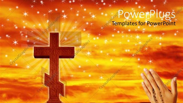 PowerPoint Template: Hands praying with rosary beads to Christian cross  with sunset star background (24999)