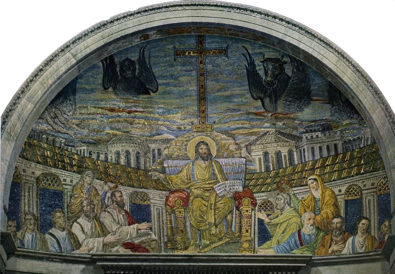 Christ and the Apostles in the Heavenly Jerusalem, apse mosaic, early fifth century, Rome, Santa Pudenziana. Public domain.