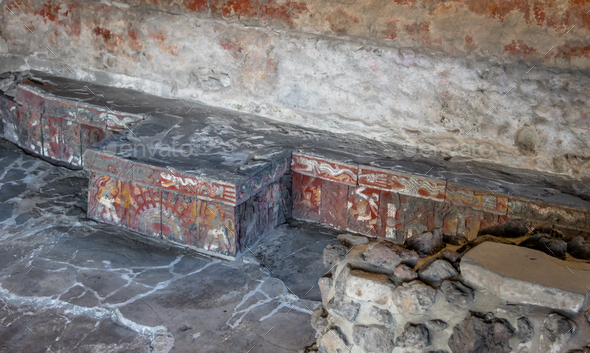 Colorful bas relief carving of Aztec Temple at ruins of Tenochtitlan - Mexico City, Mexico