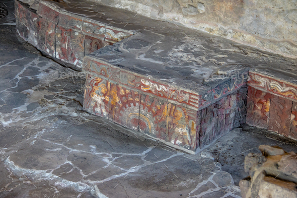 Colorful bas relief carving of Aztec Temple at ruins of Tenochtitlan - Mexico City, Mexico