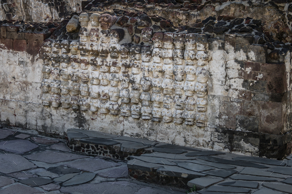 Tzompantli altar with carved Skulls rows in Aztec Temple of Tenochtitlan - Mexico City, Mexico