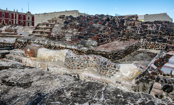 Serpent Sculpture in Aztec Temple (Templo Mayor) at ruins of Tenochtitlan - Mexico City, Mexico