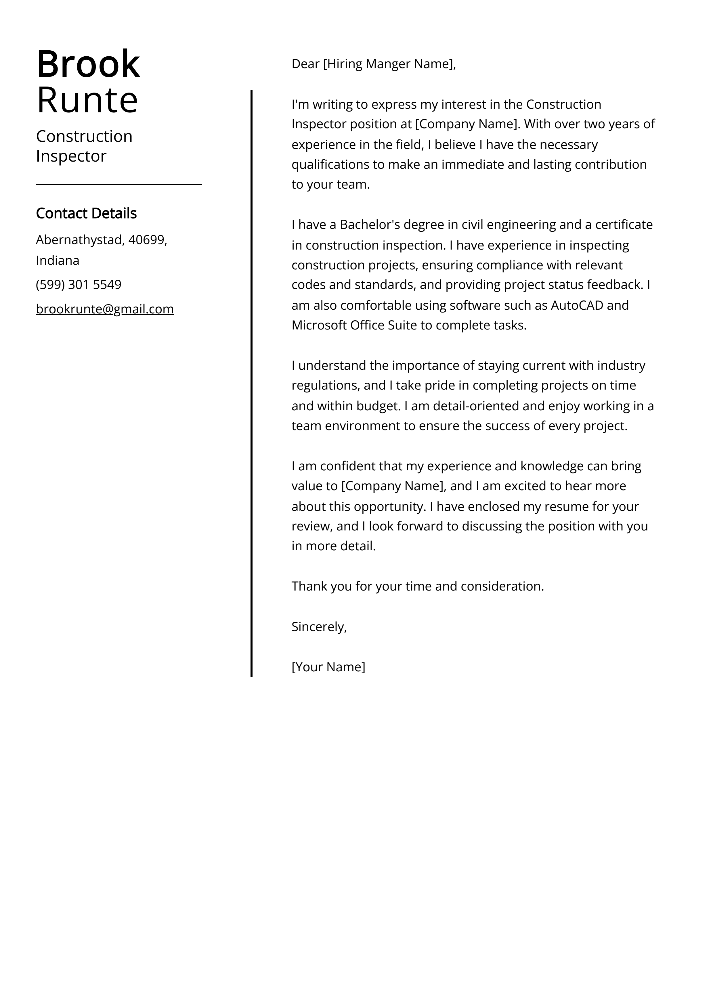 Construction Inspector Cover Letter Example (Free Guide)