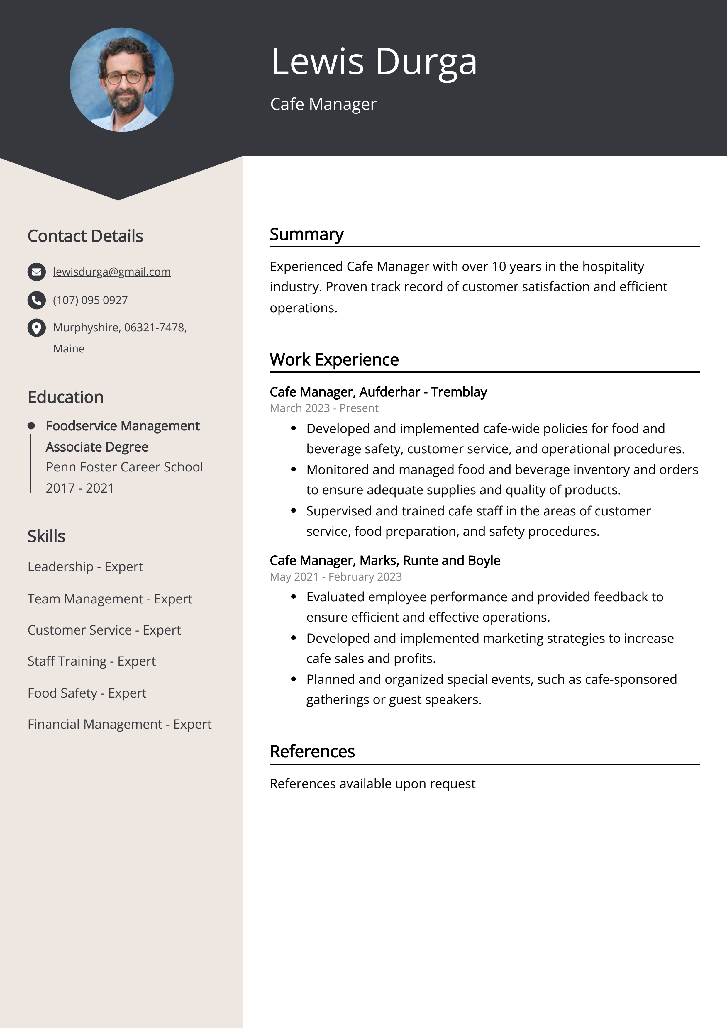 Cafe Manager Resume Example (Free Guide)