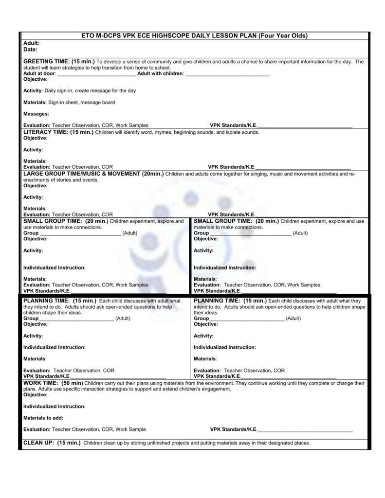 Highscope Lesson Plan Sample