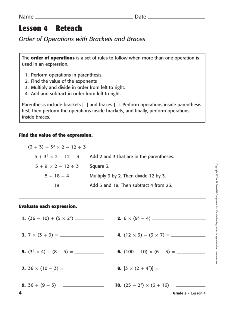 Lesson 4 Reteach Order of Operations with Brackets and Braces