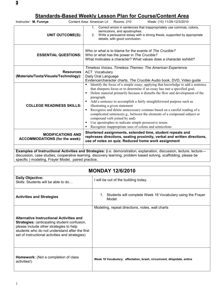 Standards-Based Weekly Lesson Plan for Course/Content Area