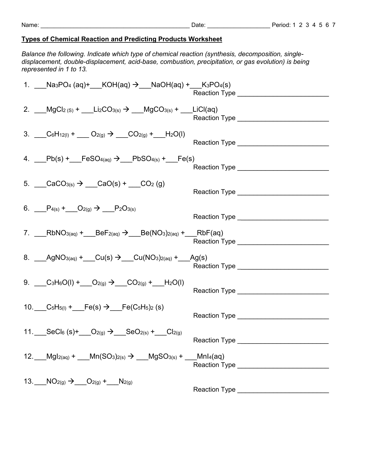 Chemical Reactions Types Worksheet