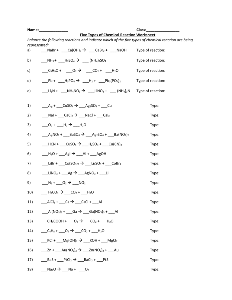 worksheet 1 types of chem reactions