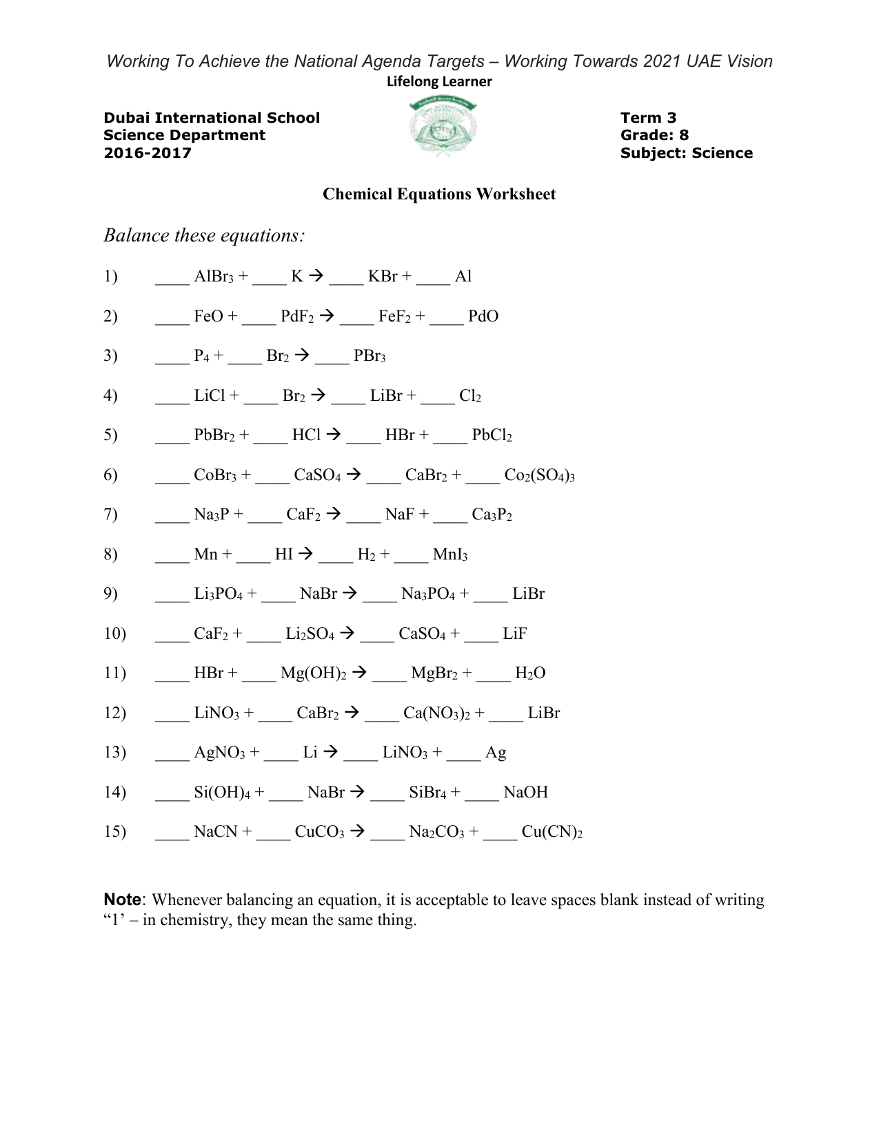 Chemical Equations Worksheet