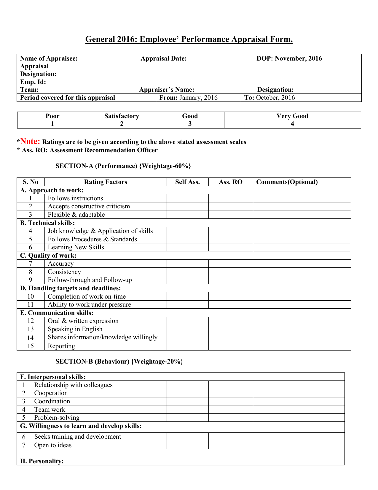 Performance Appraisal Form Template