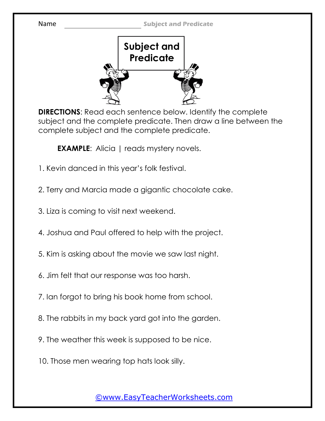 Identifying Subjects And Predicates Worksheet