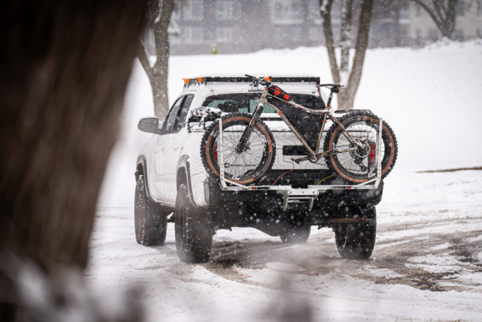 1Up USA SD bike rack on a truck in the snow