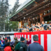 Japanese people celebrating Setsubun event in a temple