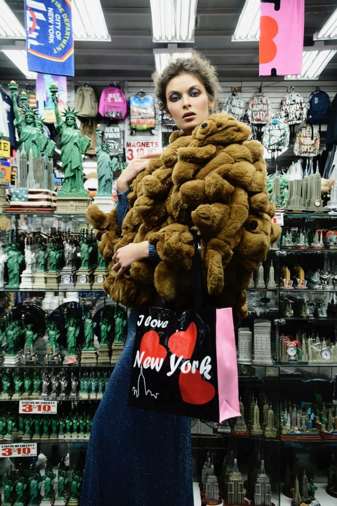 A model wearing a Jean-Charles de Castelbajac teddy-bear coat and 1970s Lurex dress from Morphew