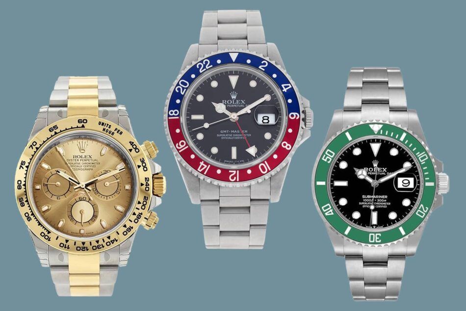 Rolex Cosmograph Daytona ref. 116503, 2021; Rolex GMT-Master ref. 16700, ca. 1990; and Rolex Submariner ref. 126610LV, 2020