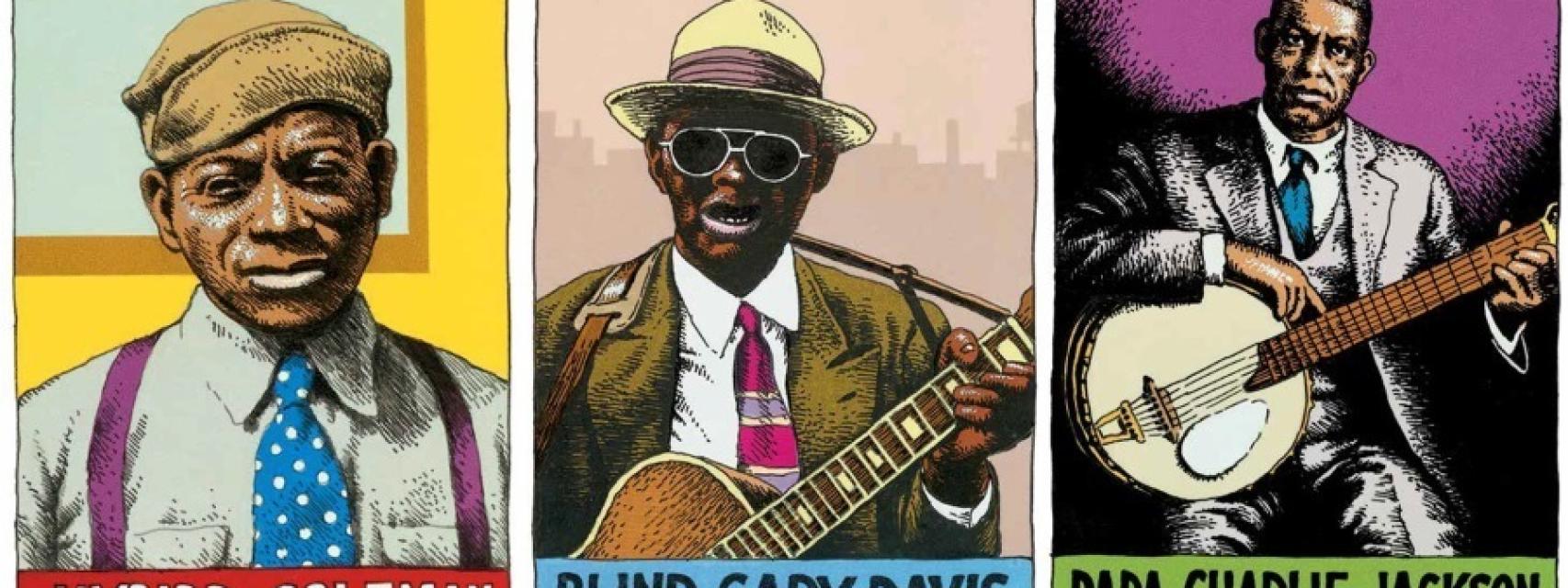 Tres de los 114 músicos retratados por Robert Crumb.