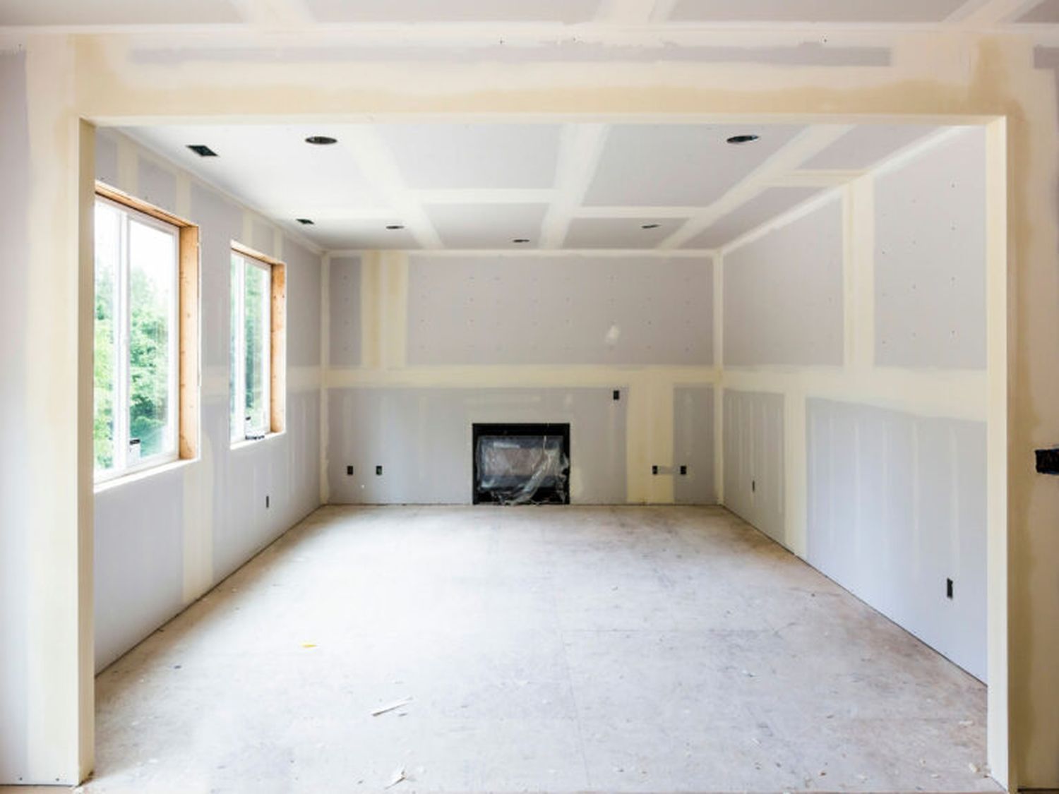 An empty room with fire-rated drywall