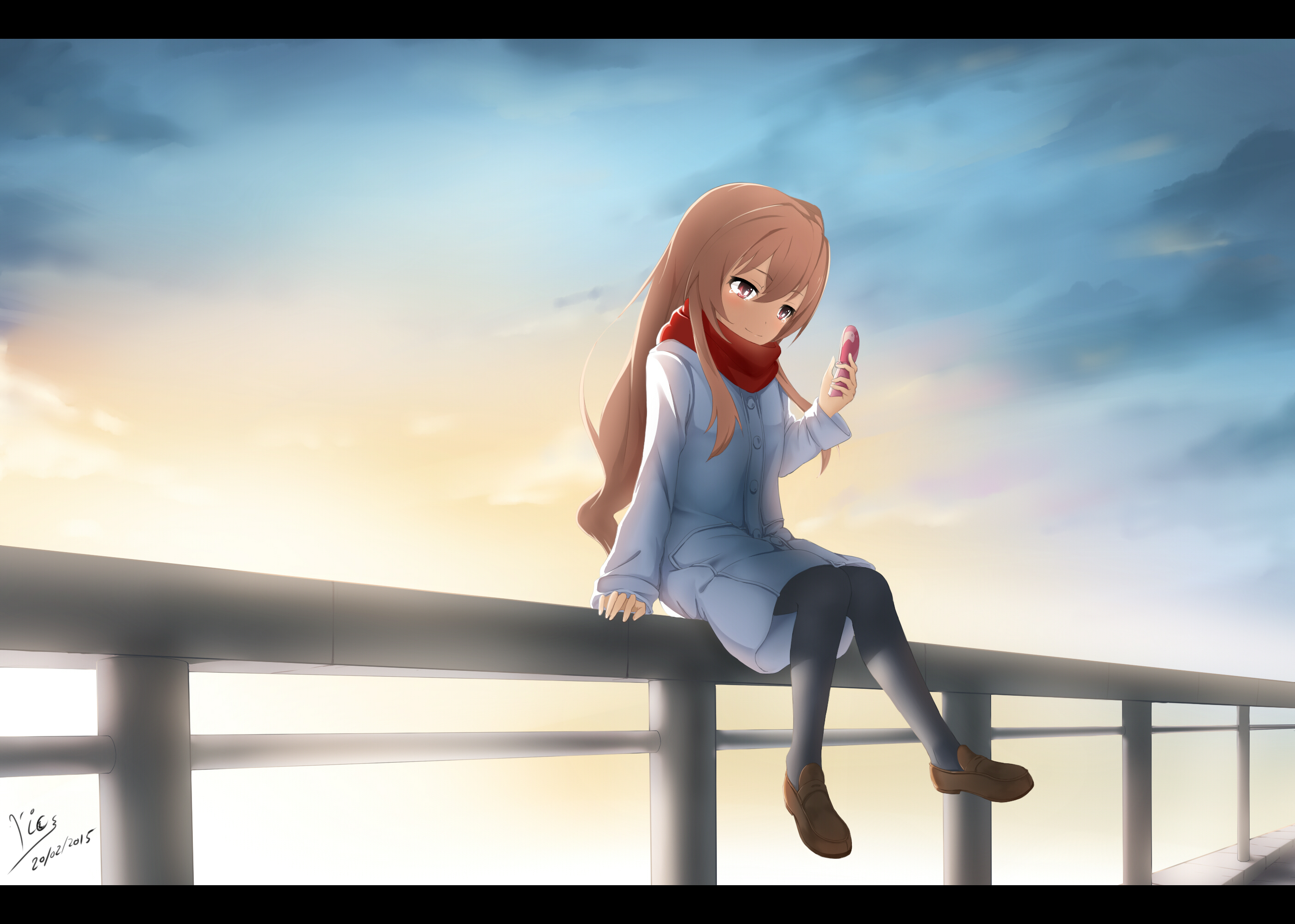 Safebooru - 1girl aisaka taiga black legwear brown hair cellphone ...