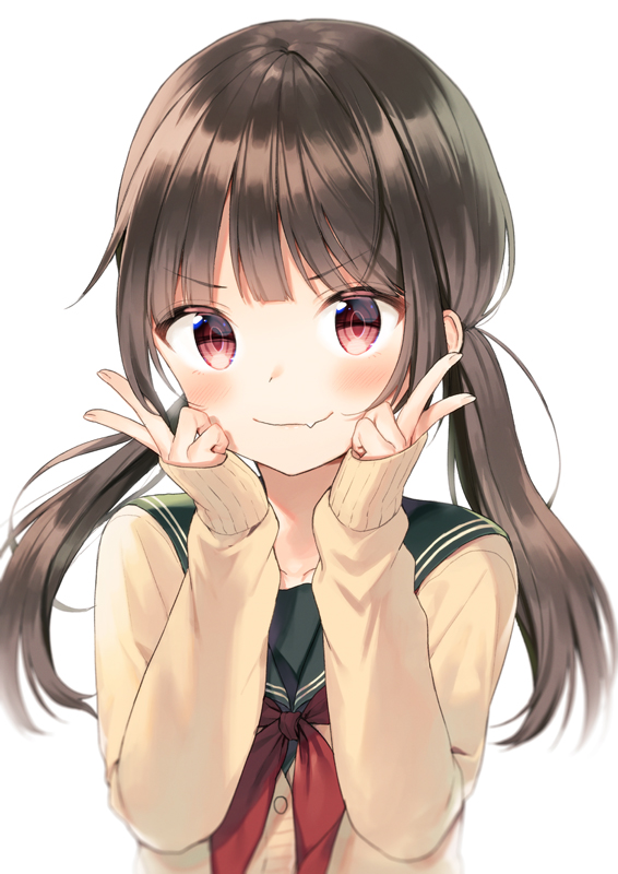 Safebooru - >:) 1girl bangs blush brown cardigan brown hair cardigan ...