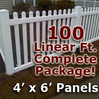 100 ft Complete Solid PVC Vinyl Open Top Picket Fencing Package - 4' x 6' Fence Panels w/ 3" Spacing