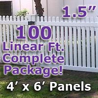 100 ft Complete Solid PVC Vinyl Open Top Straight Picket Fencing Package - 4' x 6' Fence Panels w/ 1.5" Spacing