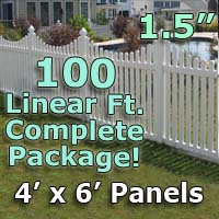 100 ft Complete Solid PVC Vinyl Open Top Scallop Picket Fencing Package - 4' x 6' Fence Panels w/ 1.5" Spacing