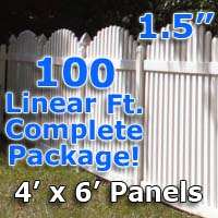 100 ft Complete Solid PVC Vinyl Open Top Arch Picket Fencing Package - 4' x 6' Fence Panels w/ 1.5" Spacing