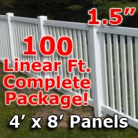 100 ft Complete Solid PVC Vinyl Closed Top Picket Fencing Package - 4' x 8' Fence Panels w/ 1.5" Spacing