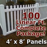 100 ft Complete Solid PVC Vinyl Open Top Picket Fencing Package - 4' x 8' Fence Panels w/ 3" Spacing