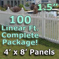 100 ft Complete Solid PVC Vinyl Open Top Scallop Picket Fencing Package - 4' x 8' Fence Panels w/ 1.5" Spacing