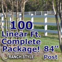 100 ft Complete Solid 3 Rail Ranch PVC Vinyl Fencing Package - Three Rail Fence