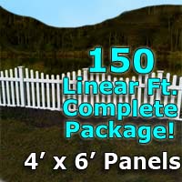 150 ft Complete Solid PVC Vinyl Open Top Scallop Picket Fencing Package - 4' x 6' Fence Panels w/ 3" Spacing