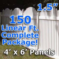 150 ft Complete Solid PVC Vinyl Open Top Arch Picket Fencing Package - 4' x 6' Fence Panels w/ 1.5" Spacing