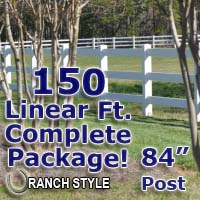 150 ft Complete Solid 3 Rail Ranch PVC Vinyl Fencing Package - Three Rail Fence