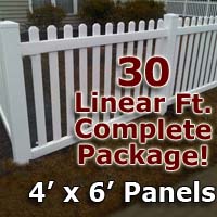 30 ft Complete Solid PVC Vinyl Open Top Picket Fencing Package - 4' x 6' Fence Panels w/ 3" Spacing