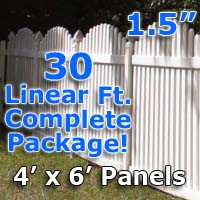 30 ft Complete Solid PVC Vinyl Open Top Arch Picket Fencing Package - 4' x 6' Fence Panels w/ 1.5" Spacing