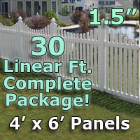 30 ft Complete Solid PVC Vinyl Open Top Scallop Picket Fencing Package - 4' x 6' Fence Panels w/ 1.5" Spacing