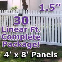 30 ft Complete Solid PVC Vinyl Open Top Straight Picket Fencing Package - 4' x 8' Fence Panels w/ 1.5" Spacing