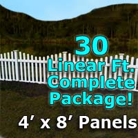 30 ft Complete Solid PVC Vinyl Open Top Scallop Picket Fencing Package - 4' x 8' Fence Panels w/ 3" Spacing