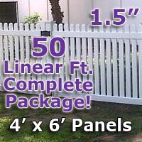 50 ft Complete Solid PVC Vinyl Open Top Straight Picket Fencing Package - 4' x 6' Fence Panels w/ 1.5" Spacing